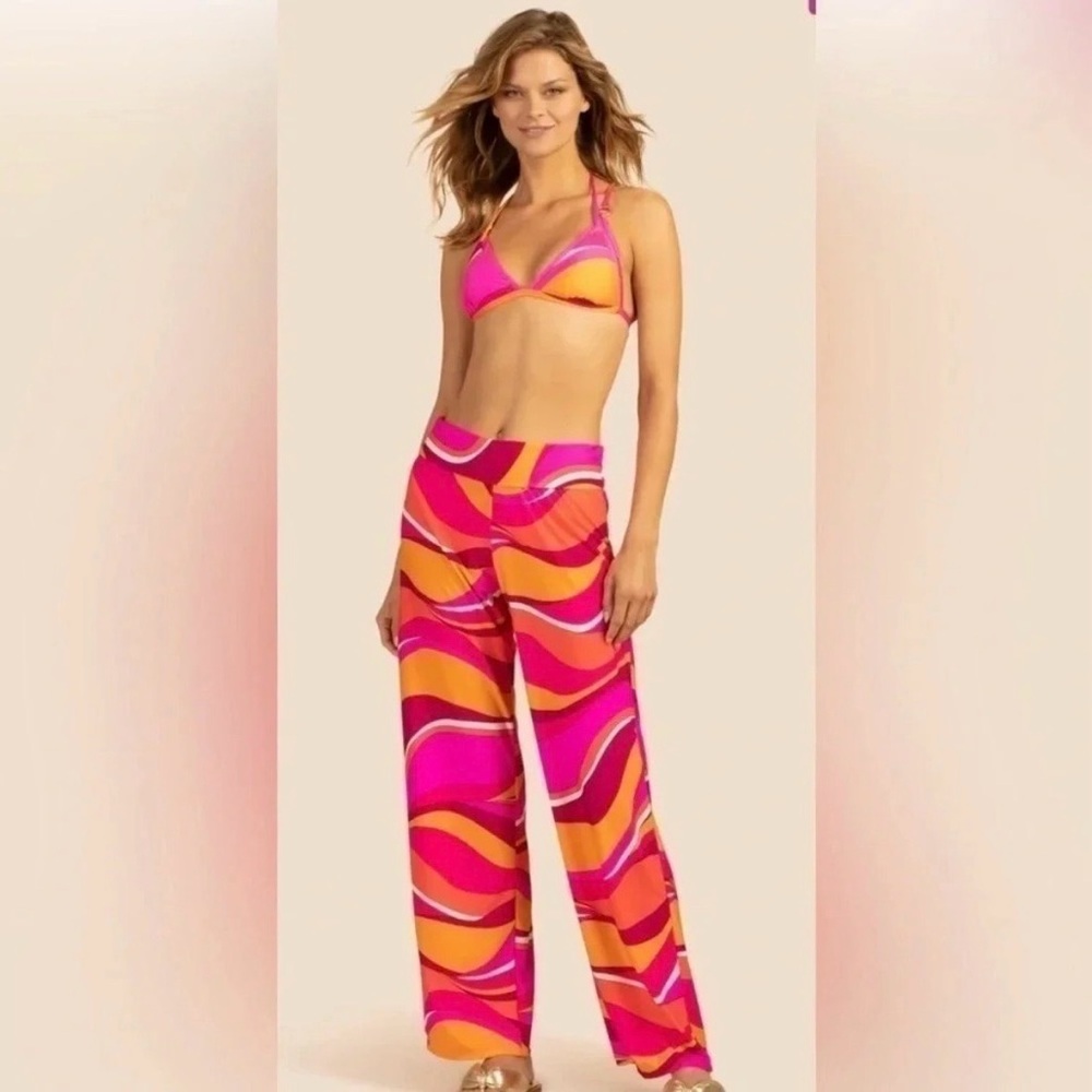 Trina Turk Vivid Vista Pink and Orange Wide Leg Cover up Pants, Size XL - Picture 2 of 12